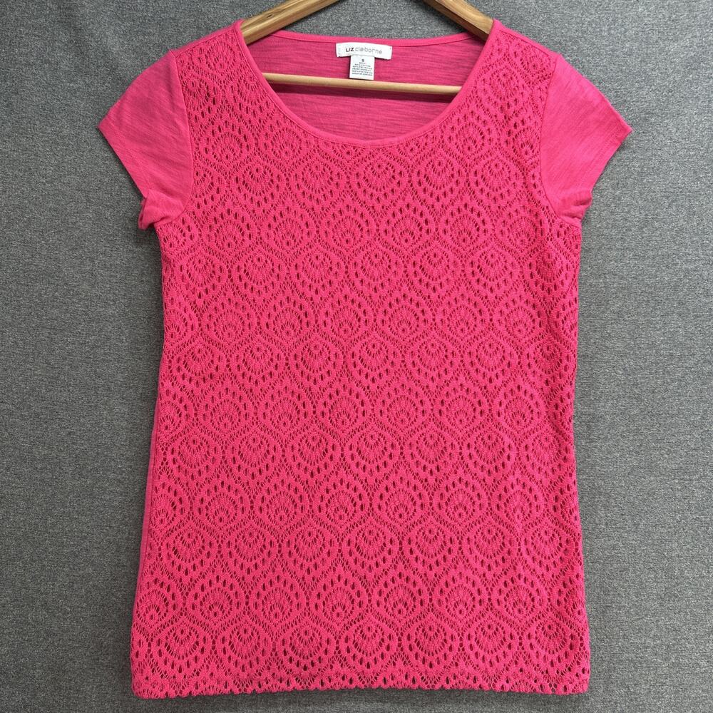 Liz Claiborne Womens Small Bright Pink Crochet Chic Short Sleeve Blouse Top Cute